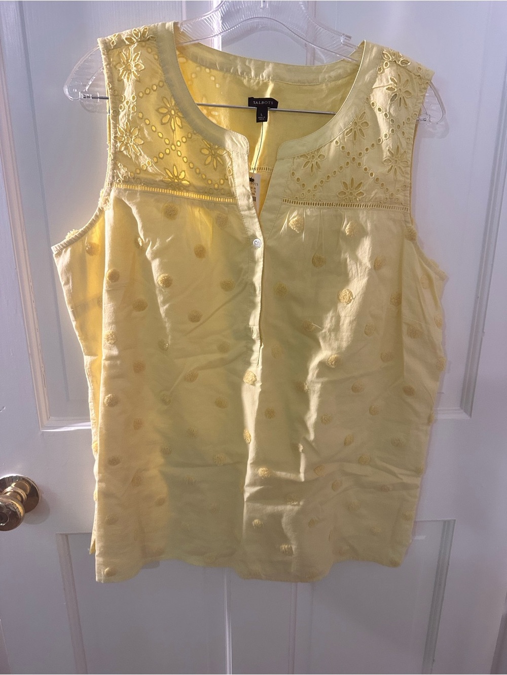 Talbots Light Yellow Embroidered Sleeveless Cotton Blouse